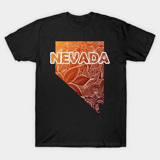 Colorful mandala art map of Nevada with text in brown and orange T-Shirt by Happy Citizen